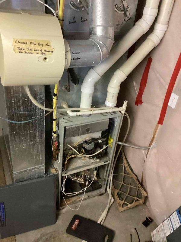 Responded to no-heat call for 20-year-old furnace that stopped operating overnight. Diagnostic testing revealed failed control board as root cause. Due to the unit's age and overall condition (visible corrosion, disorganized wiring, and component wear), replacement was recommended to restore reliable heating function.