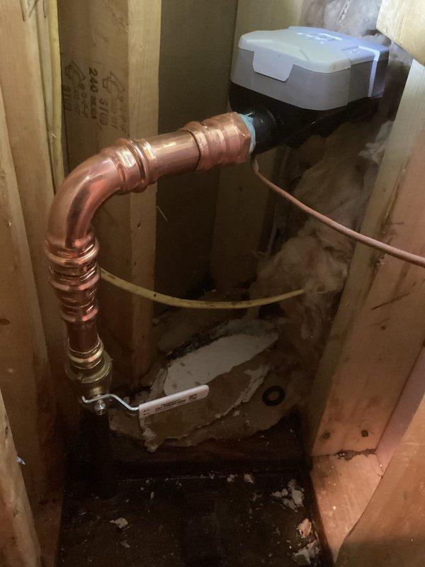 Responded to a callback service for a leaking main shut-off valve that was previously diagnosed but not resolved. Cut out the defective valve and successfully installed a new pro-press ball valve, restoring proper function to the water system.