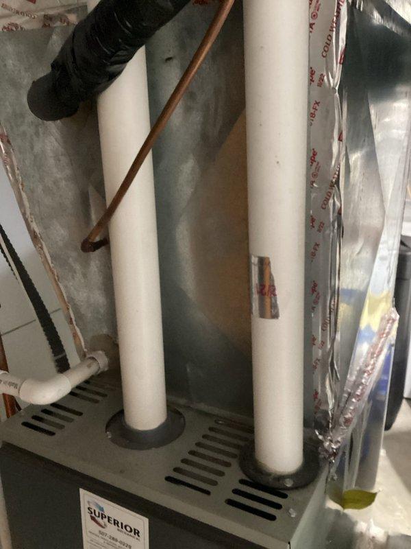Performed a comprehensive furnace tune-up on a Superior brand gas furnace. System inspection revealed proper installation of PVC exhaust and intake ventilation pipes, secure ductwork connections, and normal operating conditions. Completed standard maintenance procedures with no issues found. Unit is functioning correctly and ready for the heating season.
