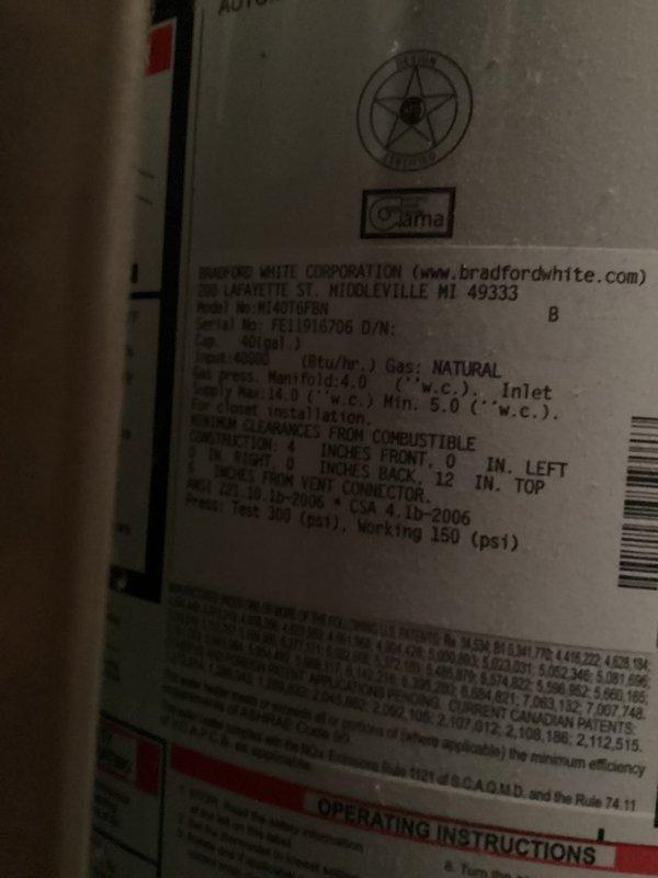 Responded to no hot water call for 40-gallon Bradford White atmospheric water heater (rated at 40,000 BTU/hr, natural gas). Upon arrival, unit was functioning properly with no operational issues detected. Performed visual inspection and verified proper operation of all components.