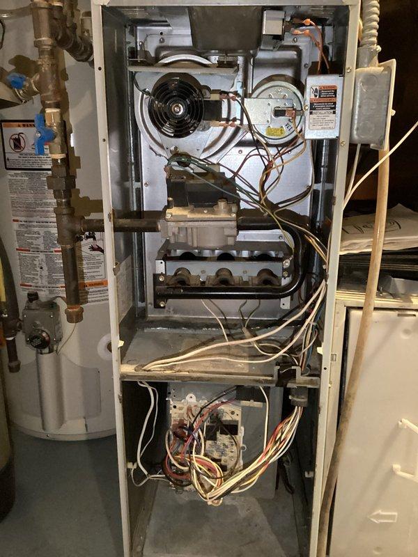 Upon arrival at 12:4, diagnosed furnace with no heat issue. Inspection revealed complete blower motor failure preventing warm air distribution throughout the home. After thorough evaluation of the aged system (10+ years), recommended either complete system replacement or blower motor replacement as repair options for customer consideration.