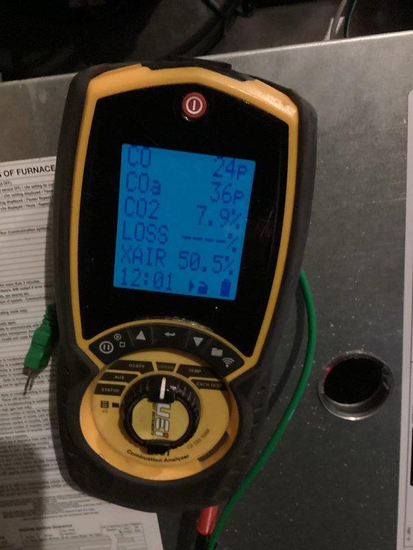 Performed scheduled preventive maintenance agreement service on Lennox furnace system. Conducted comprehensive combustion analysis with UEI analyzer confirming proper O2 levels (7.9%), temperature readings, and CO emissions within acceptable parameters. All system operations verified and tuned to manufacturer specifications.
