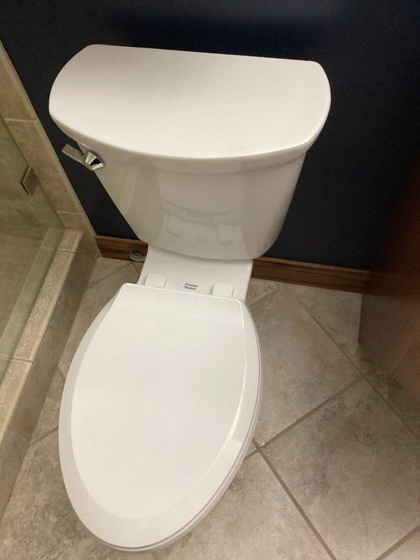 Removed existing master bathroom toilet and completed installation of new American Standard elongated bowl toilet. Made all necessary water supply and waste connections, and verified proper operation with no leaks.