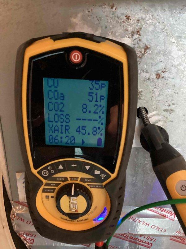 Performed scheduled furnace preventative maintenance agreement service. Conducted combustion analysis with readings showing CO2 at 8.2% and excess air at 45.8%. Identified rust formation on internal components that should be monitored during future maintenance visits.