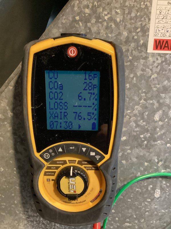 Completed preventive maintenance agreement service on residential furnace. Performed combustion analysis testing with Fieldpiece analyzer, measuring CO2 levels at 6.7% and excess air at 76.5%. System operating within normal parameters with no identified issues requiring immediate attention.