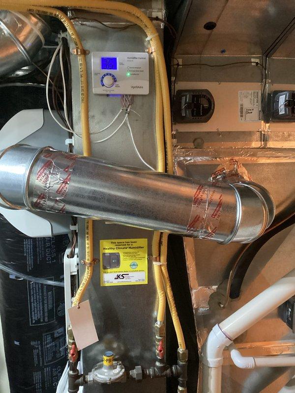 Completed installation of AprilAire humidifier on residential HVAC system. Connected unit to existing ductwork using proper sealing techniques and verified all electrical connections. System was successfully tested and is operating within normal parameters.