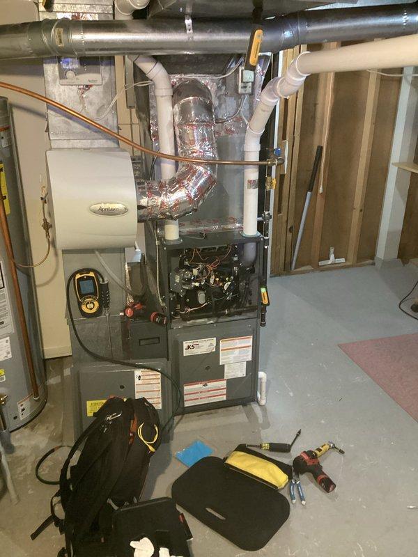 Performed scheduled furnace preventive maintenance. Inspected internal components, wiring, and ventilation system including PVC exhaust piping and connected ductwork. Completed full tune-up service ensuring proper operation of the Aprilaire humidifier system and all associated HVAC components.