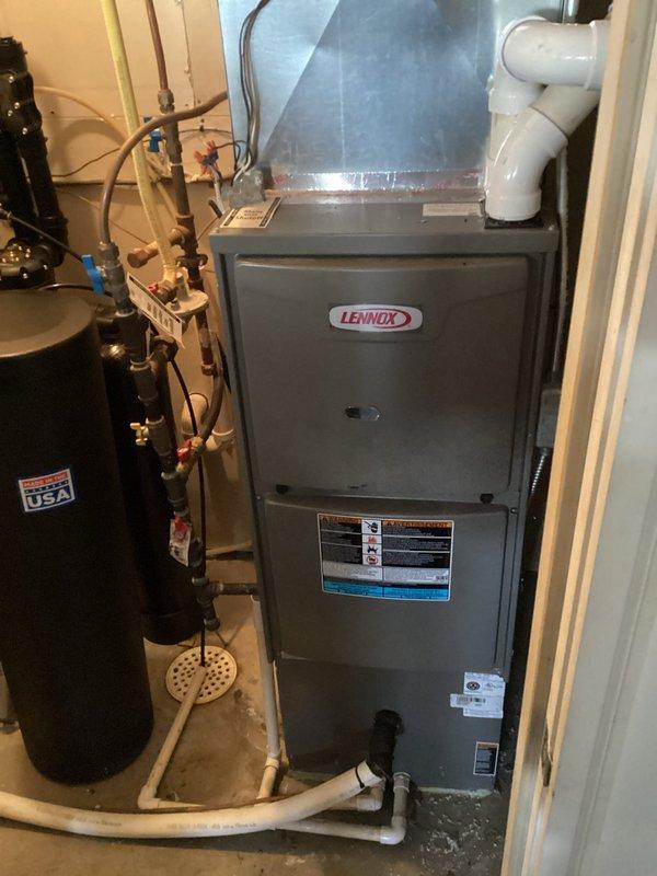 Performed scheduled furnace tune-up on Lennox system. Conducted complete system inspection including PVC venting configuration, main unit operation, and connections to water treatment system. All components found in normal operating condition with no issues detected. System tuned to manufacturer specifications and returned to service.