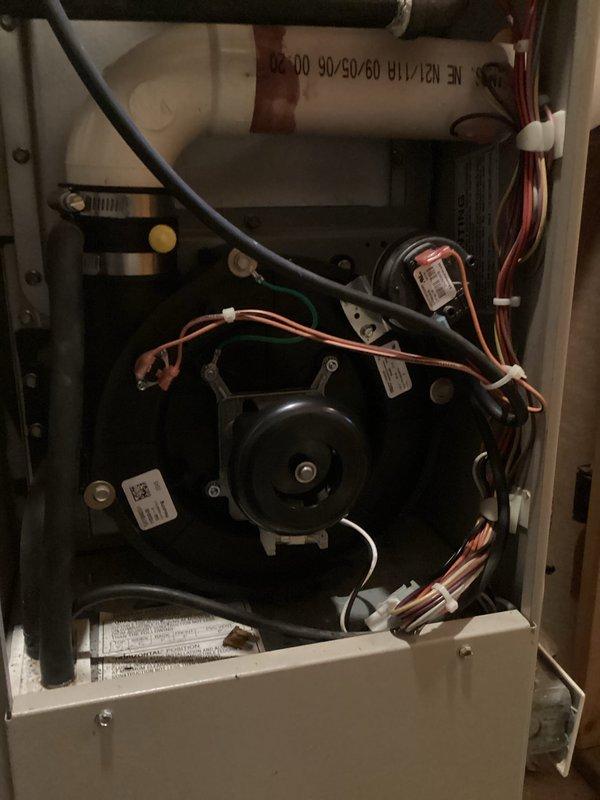 Responded to no heat complaint on customer's furnace. Upon inspection, discovered failed inducer motor. Removed and replaced inducer assembly, restoring proper system operation and heat production.