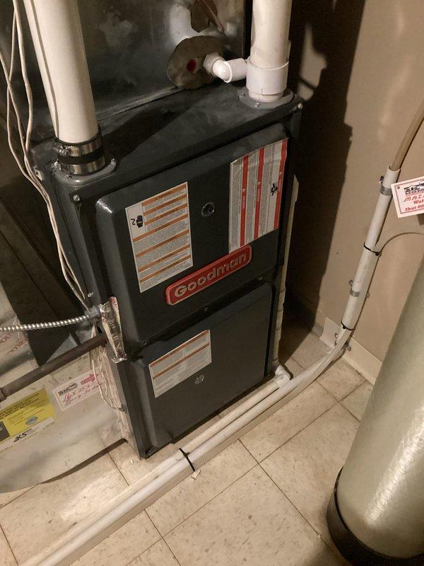 Responded to no heat call for Goodman furnace. Inspected unit and found 2-inch ventilation pipe sagging, which was restricting proper exhaust flow. Performed necessary adjustments and will implement 3-inch pipe solution to prevent future ventilation issues and restore proper heating function.