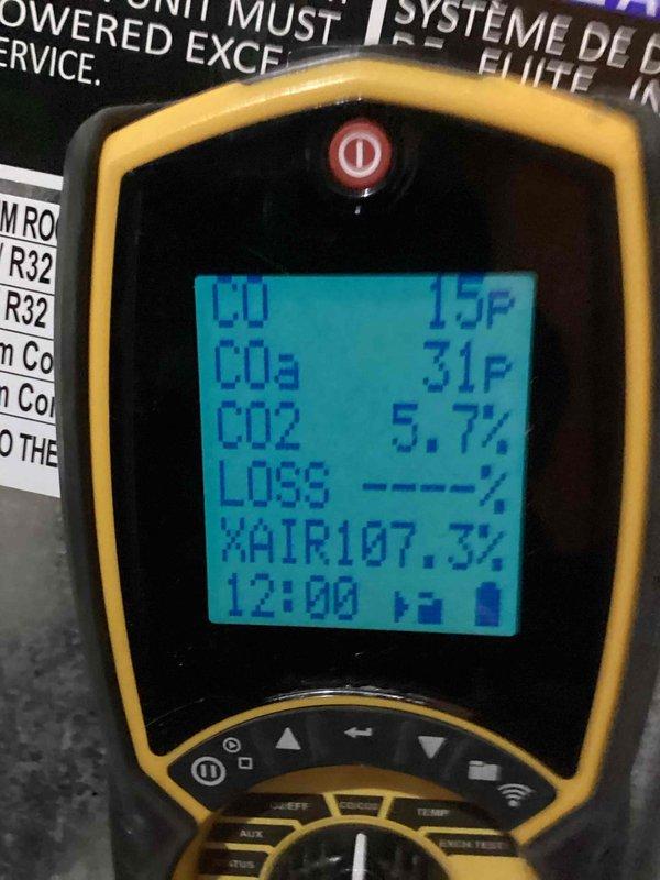 Performed standard furnace tune-up service after one reschedule. Conducted combustion analysis with gas analyzer showing CO levels at 15ppm and CO2 at 5.7% with excess air at 107.3%. Inspected ventilation system including PVC flue pipes and metal ductwork, confirming proper installation and operational status. All components functioning normally with no issues detected.