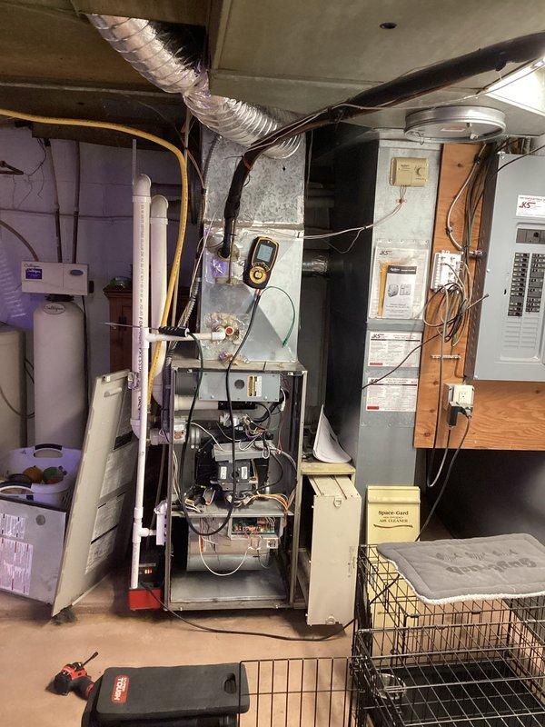 Responded to no-heat call for aging furnace (10+ years). Diagnostic testing revealed failed heat exchanger causing unit to blow cold air. Due to age and condition of equipment, connected homeowner with project manager to discuss replacement options rather than repair.