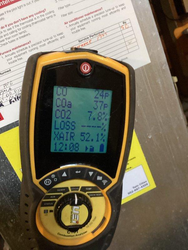 Completed scheduled air handler tune-up service with comprehensive evaluation. Performed combustion analysis to verify proper system operation, documenting CO/CO2 levels and excess air readings. Inspected and verified integrity of PVC venting system with all connections properly secured.