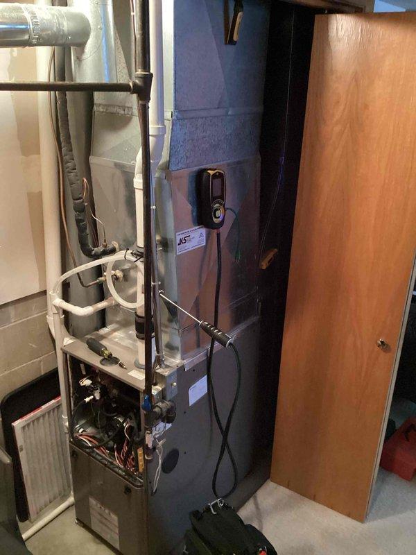 Performed scheduled preventative maintenance agreement service on furnace system. Conducted comprehensive diagnostic testing with UEI analyzer showing proper combustion parameters (CO2 at 5.3%, excess air at 125.3%). System was thoroughly inspected with access panels removed to examine internal components, electrical connections and ventilation ductwork.