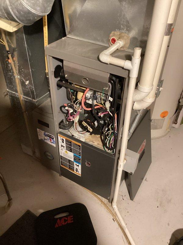 Performed scheduled tune-up service on residential furnace system. Conducted comprehensive inspection with front panel removed to examine all internal components including control boards, wiring connections, and drain lines. Also serviced wall-mounted Empire furnace unit as requested. Both units were properly tuned and verified to be operating according to manufacturer specifications.