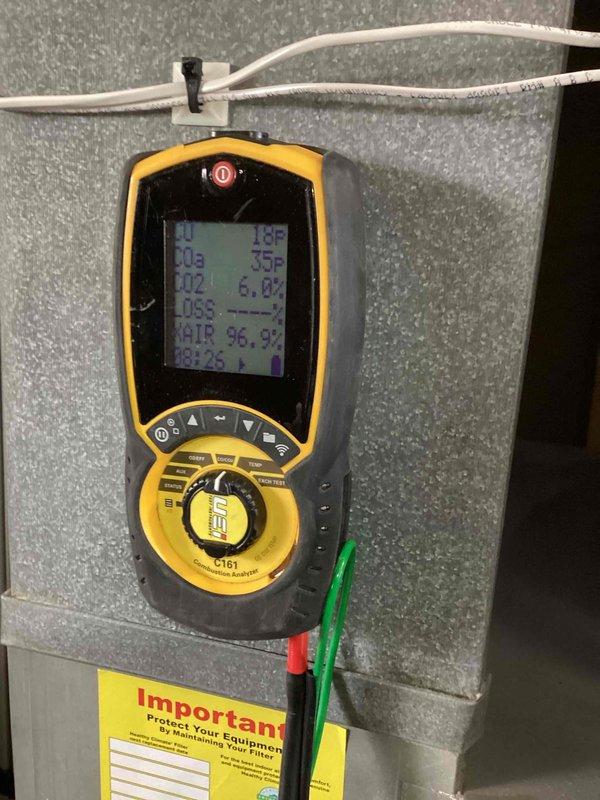 Performed annual furnace preventive maintenance. Conducted comprehensive combustion analysis with Fieldpiece C161, verifying proper CO2 levels (6.0%) and combustion efficiency (96.9%). Inspected internal components including control board, wiring connections, and ventilation system with PVC piping, confirming all systems functioning within manufacturer specifications.
