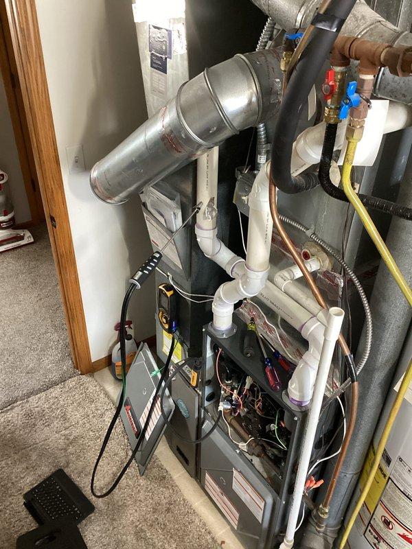 Performed annual furnace preventive maintenance. Conducted comprehensive combustion analysis with Fieldpiece C161, verifying proper CO2 levels (6.0%) and combustion efficiency (96.9%). Inspected internal components including control board, wiring connections, and ventilation system with PVC piping, confirming all systems functioning within manufacturer specifications.