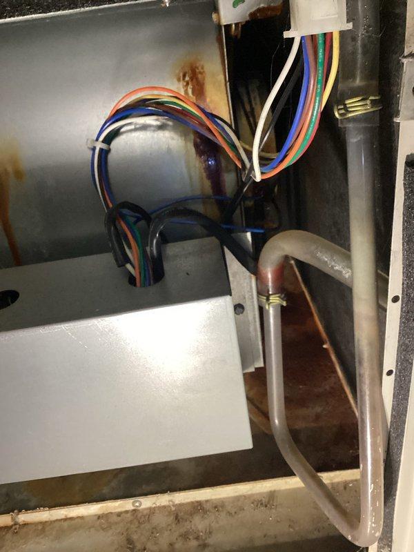 Performed scheduled air handler tune-up on furnace that was reported to make loud noise during startup. Upon inspection, discovered secondary heat exchanger leakage with visible corrosion and oxidation on internal components. Recommended equipment replacement due to unit age and extensive repair requirements.