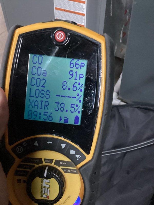Performed scheduled preventative maintenance agreement service on Goodman HVAC system (model AMES960803BN, S/N S815997). Conducted comprehensive combustion analysis with UEi analyzer showing proper CO/CO2 levels, 8.6% efficiency rating, and 38.5% excess air. System was properly tuned up and is operating within manufacturer specifications.