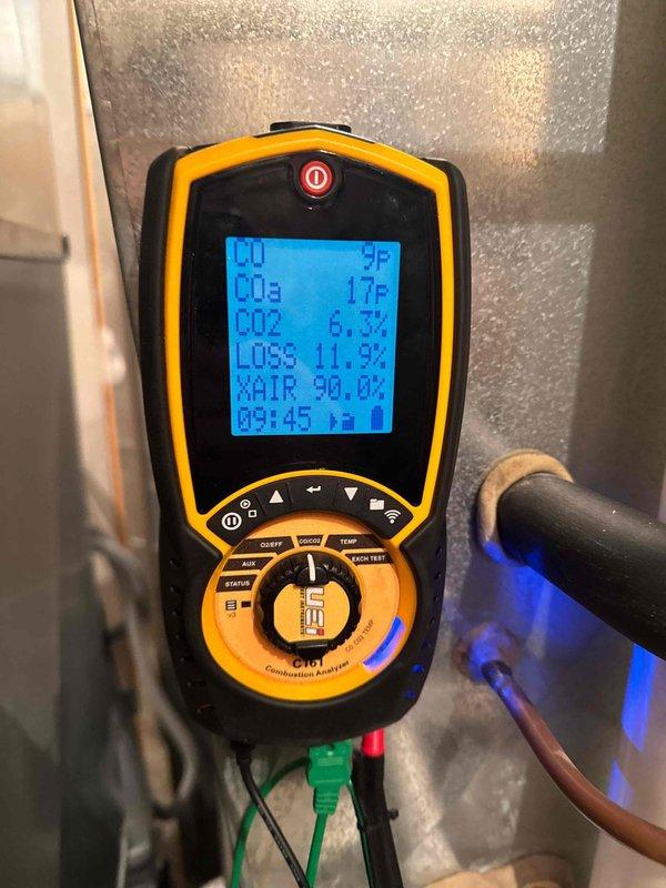 Completed scheduled preventative maintenance service on both boiler and furnace systems. Performed comprehensive analysis on in-floor heating components. Combustion analysis conducted using UEi C161 Analyzer, confirming proper exhaust ventilation through PVC vent pipes with readings showing acceptable O2, CO, and CO2 levels for safe and efficient operation.
