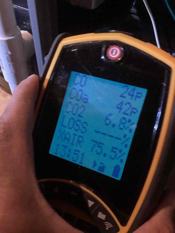 Performed scheduled preventive maintenance service on HVAC system. Conducted combustion analysis with readings showing normal CO (0), CO2 (428), efficiency loss (0.0%), and excess air (75.5%). Inspected condensate drain system and connections. All systems functioning within normal parameters.