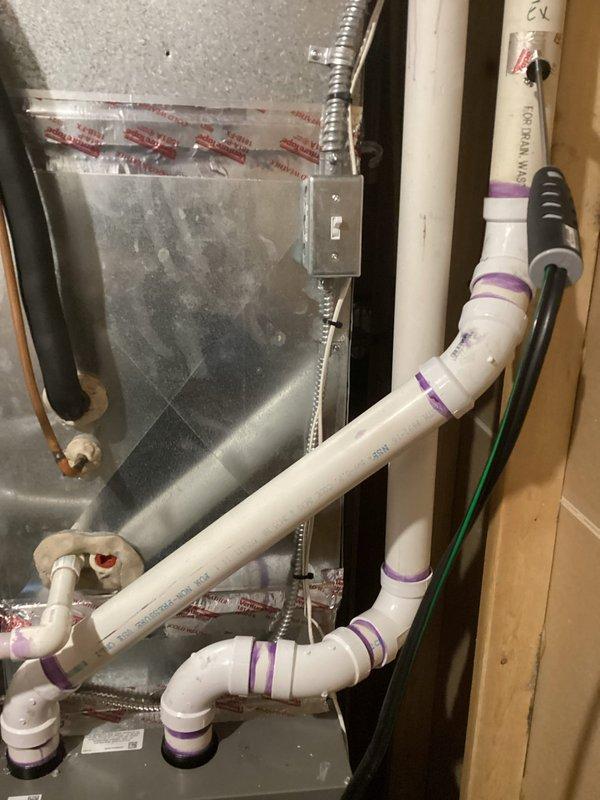 Performed scheduled air handler tune-up on Lennox system. Inspected all components including furnace, PVC ventilation system, and condensate drainage. System was found to be in good working condition with proper installation and no visible issues. All connections and joints appear secure with no signs of leakage or deterioration.