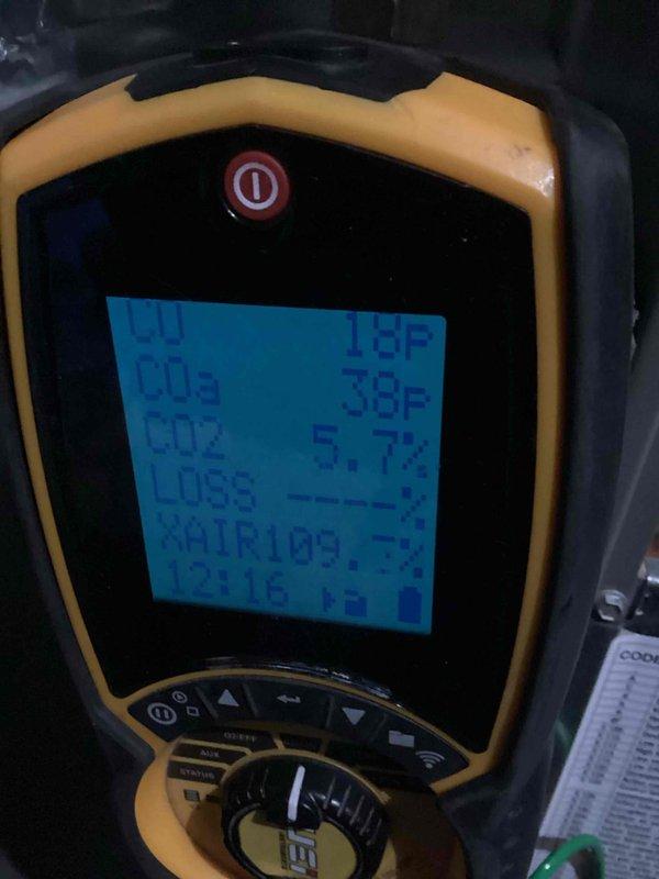 Performed scheduled annual preventative maintenance on air handler unit. Conducted combustion analysis showing proper oxygen/CO2 levels and airflow parameters. System is operating within normal specifications following tuneup service.