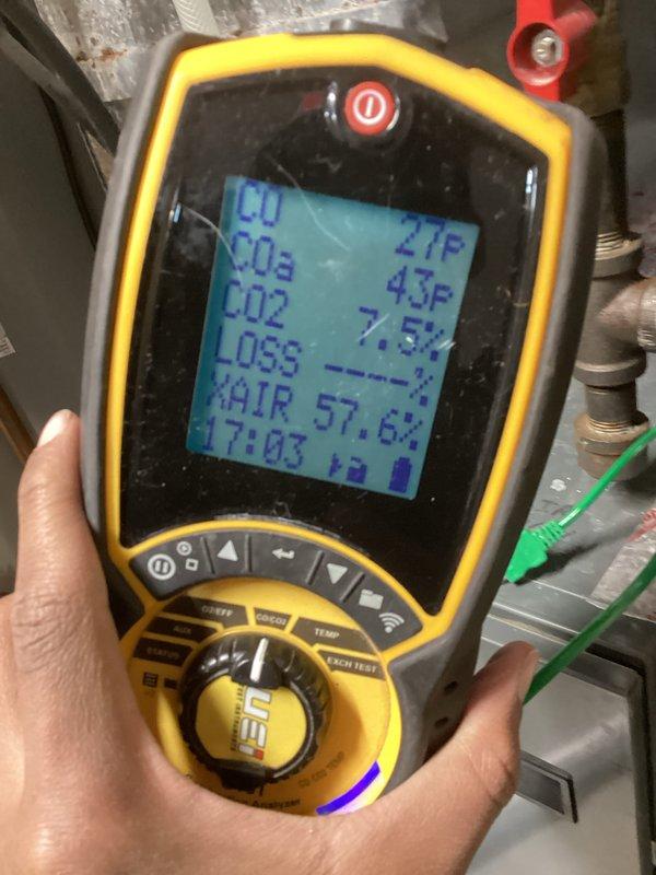 Performed scheduled preventative maintenance on Lennox air handler system. Conducted comprehensive diagnostic testing using combustion analyzer, confirming proper CO2 levels and air/fuel ratio at 57.6%. System functioning normally with all components properly maintained and operational.