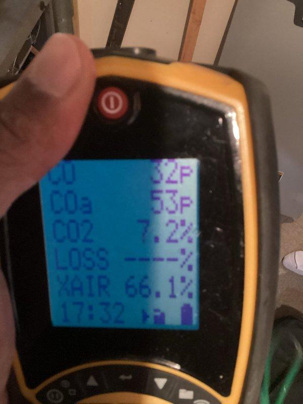 Performed scheduled maintenance on air handler. Conducted comprehensive combustion analysis with readings showing CO2 at 7.2% and excess air at 66.1%. All systems tuned and operating within normal parameters.