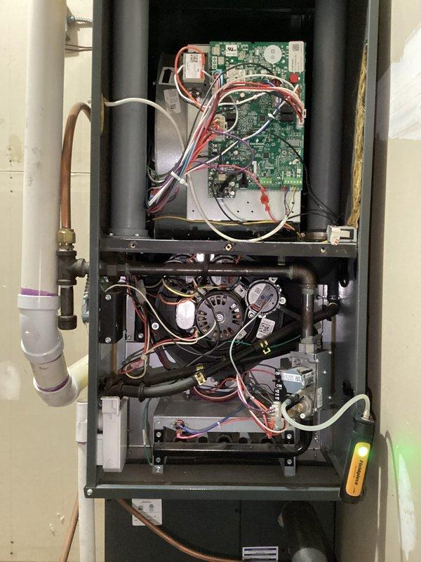 Performed scheduled furnace maintenance on rescheduled appointment. Conducted comprehensive system inspection including control board, blower motor assembly, and PVC/copper piping connections. All components verified operational with no issues detected.