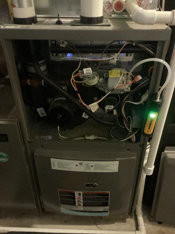 Performed scheduled preventative maintenance agreement service on residential HVAC system. Conducted comprehensive tune-up including combustion analysis (CO2 at 5.8%), temperature differential verification (28F/57F), and system inspection. All components functioning properly with no issues identified.