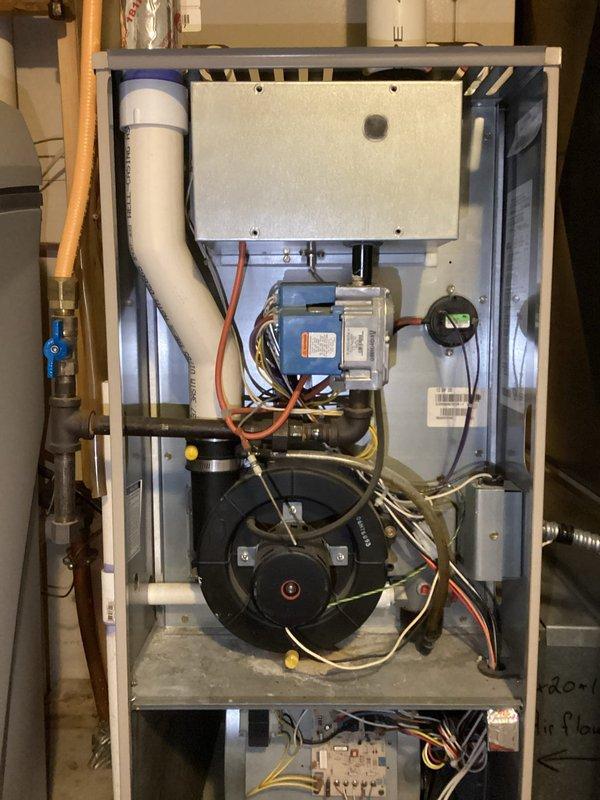 Responded to no heat call on aging furnace system. Diagnosed restricted airflow due to incompatible filter type causing performance issues. Performed standard maintenance and advised customer to use fiberglass filters instead of current restrictive filter to ensure proper system operation and prevent future heating failures.