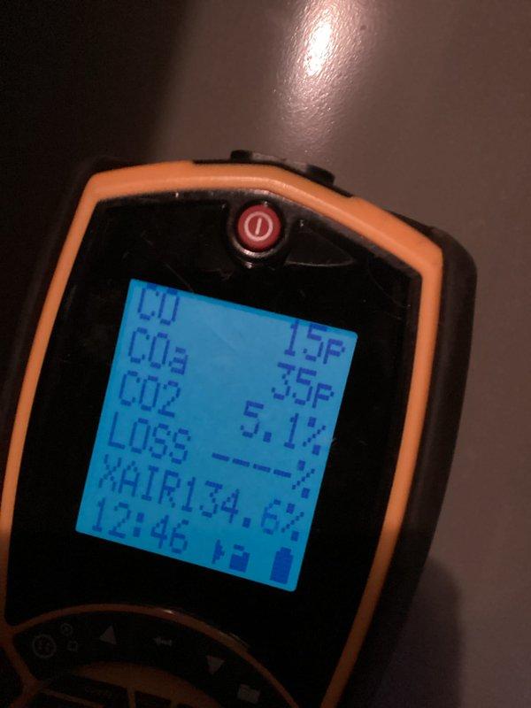 Performed scheduled agreement maintenance on heating system. Conducted combustion analysis showing normal CO/CO2 levels, 5.1% heat loss, and 134.6% excess air. All components inspected and system tuned to manufacturer specifications.