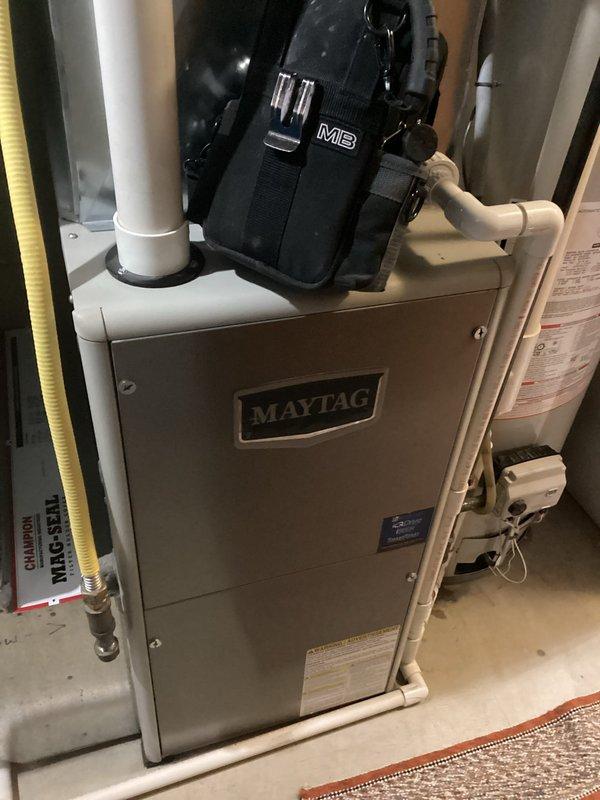 Responded to customer call regarding furnace cycling issue following a power outage. Diagnostic inspection of Maytag furnace system revealed normal operation with no malfunctions detected. Verified proper heating function and system controls. No repairs needed at this time.