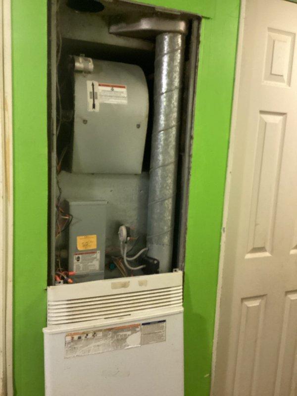 Responded to no heat complaint where previous technician had already diagnosed cracked heat exchanger and shut down unit for safety. Visual inspection confirmed heat exchanger failure. Recommended complete furnace replacement and scheduled estimate appointment for new system installation.