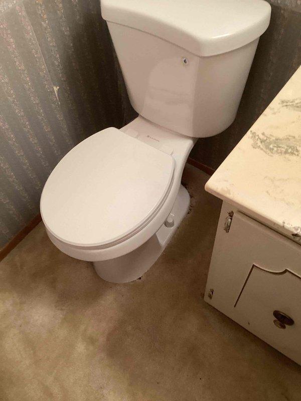 Arrived in afternoon as requested to install new toilet in half bathroom. Removed existing unit and installed new toilet with fresh wax seal and toilet bolts. Noted carpeted flooring with improperly squared flange and absence of subfloor during installation. Tested functionality by filling and flushing multiple times, confirming proper operation.
