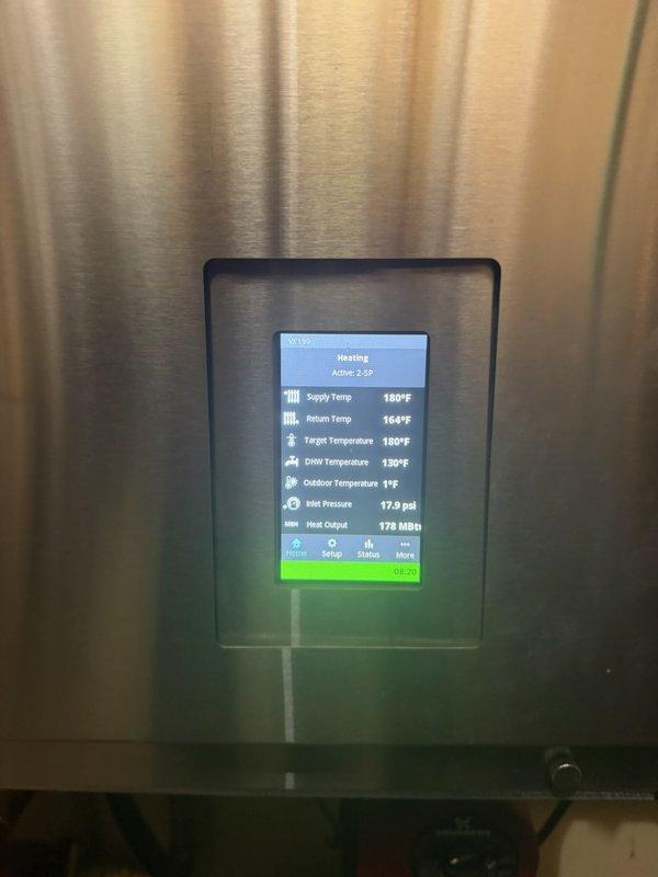 Responded to emergency no-heat call for rental property. Diagnosed failed main loop circulation pump as the cause of insufficient heat delivery. Replaced defective pump with new ECM model. Verified system operation with supply temperature reaching 180°F and return at 164°F at 17.0 psi, confirming proper heat distribution has been restored.