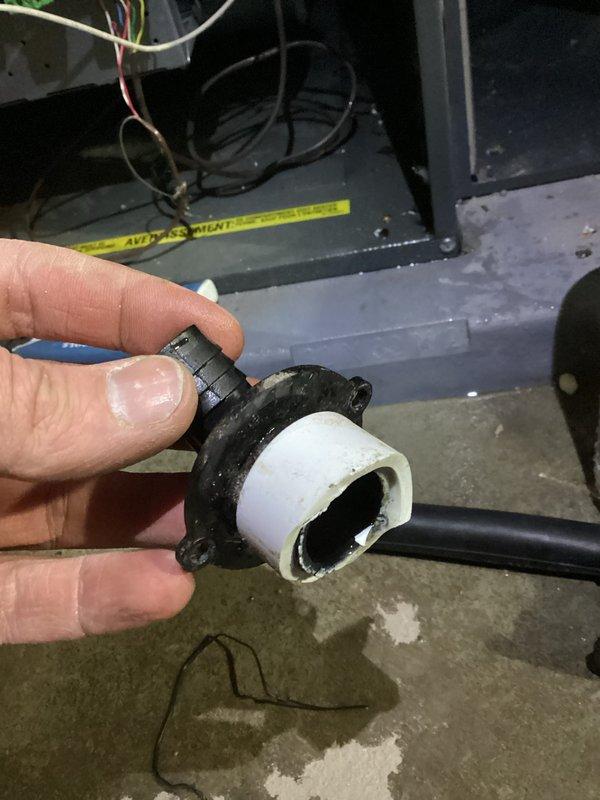 Responded to no heat complaint caused by frozen condensate drain line due to oversized fresh air return. Plugged the fresh air return and installed a temporary condensate line with pump to restore system operation.