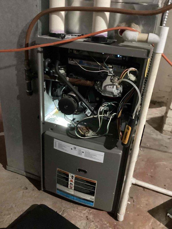 Performed comprehensive furnace tune-up on residential gas furnace unit. Inspected internal components including control board, gas valve, electrical connections, and ventilation system. Adjusted thermostat settings per customer request and verified proper system operation. All components functioning within normal parameters.