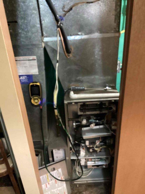 Responded to commercial no-heat complaint and diagnosed failed heat exchanger in aging HVAC system. Visual inspection confirmed deterioration requiring complete replacement rather than repair. Advised customer to contact project manager regarding unit replacement options due to the unit's age and extensive damage.
