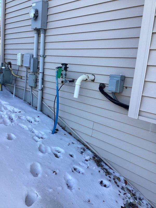 Completed scheduled maintenance on furnace system. Repaired damaged humidifier water line that showed signs of mineral buildup. Inspected exterior utility connections during winter conditions, ensuring proper operation of all components.