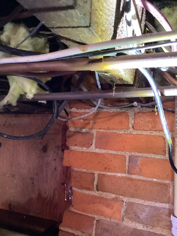 Responded to a service call regarding water dripping in basement from unknown source. Upon inspection, identified dishwasher leaking internally with water penetrating through floor into basement. Shut off water supply to dishwasher to prevent further damage. Documented existing plumbing infrastructure with photos showing copper and PVC piping configuration in the affected area.