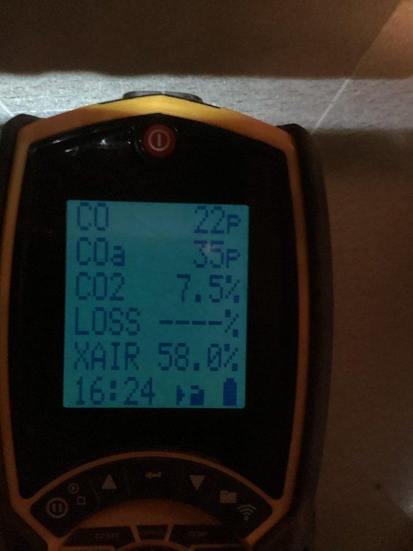 Performed scheduled air handler tune-up service after two previous reschedulings. Conducted combustion analysis showing CO at 22ppm, CO2 at 7.5%, and excess air at 58.0%. System was functioning properly with no issues identified; completed standard maintenance procedures and left equipment in good operating condition.