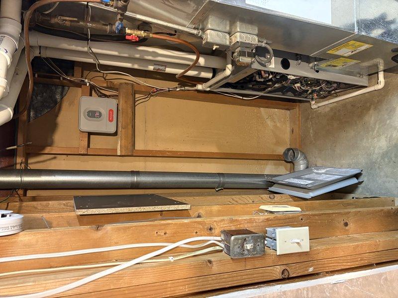 Diagnosed no heat condition in existing furnace system, confirming previous day's assessment. Upon customer approval, completed full system replacement with new furnace unit, including proper installation of all electrical connections, ductwork, and PVC venting. System now operational with all components properly secured and tested.