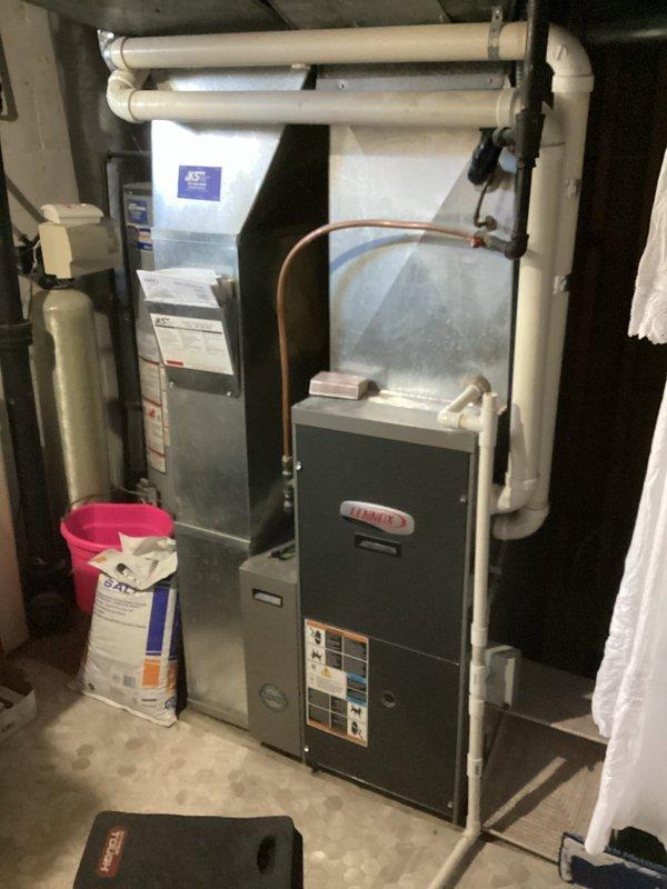 Performed scheduled preventive maintenance on a Lennox furnace system. Conducted combustion analysis with readings showing CO at 69p, CO2 at 7.3%, and excess air at 63.5%. Noted equipment age concerns and connected customer with project manager for potential replacement discussion.