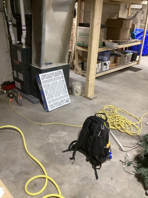 Replaced condensate drain line on Goodman furnace system. Temporarily operated condensate pump during service. Provided customer with quotation for new furnace replacement. Issues with the original drainage system were resolved by installing proper PVC adapter and permanent drain line configuration.