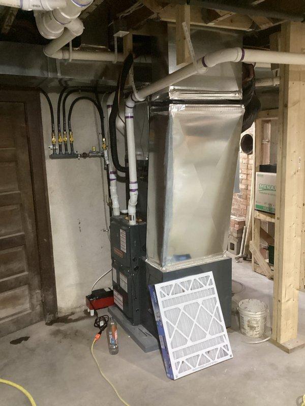 Replaced condensate drain line on Goodman furnace system. Temporarily operated condensate pump during service. Provided customer with quotation for new furnace replacement. Issues with the original drainage system were resolved by installing proper PVC adapter and permanent drain line configuration.