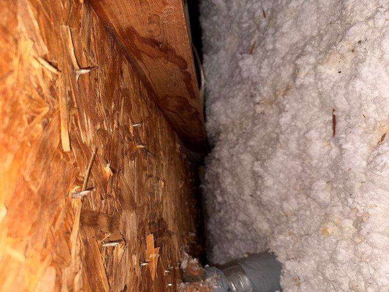 Responded to service call regarding bathroom fan leakage. Upon inspection, identified condensation forming on roof structure causing moisture issues. Visual examination revealed water penetration at junction between wooden structural elements and insulation. Scheduled estimate for replacement bathroom exhaust fan to properly address ventilation and prevent further moisture damage.