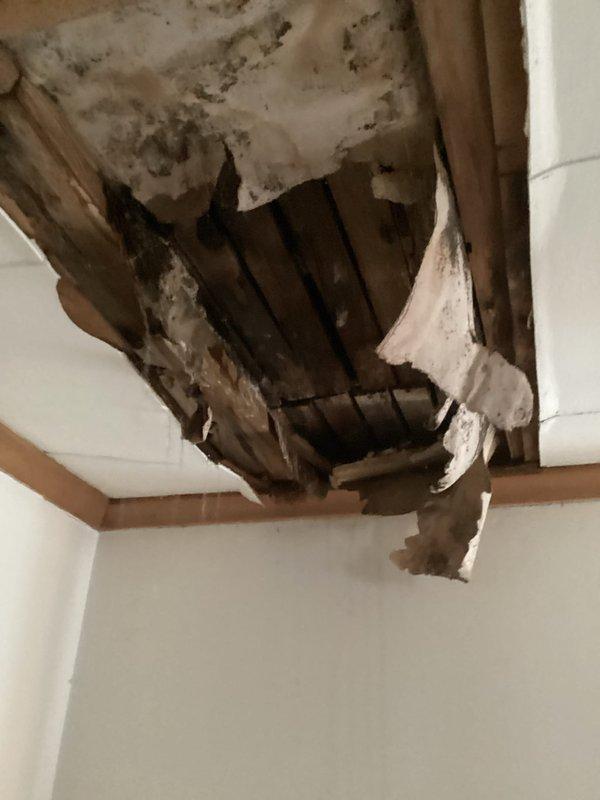 Responded to service call regarding water damage from bathroom fixture drainage. Inspection revealed significant ceiling damage in main floor living room with exposed wooden lath and beams showing water damage and mold formation. Determined all three upstairs bathroom fixtures are leaking through their drain lines when in use. No current access to drain lines available; customer will create access point and schedule follow-up service.