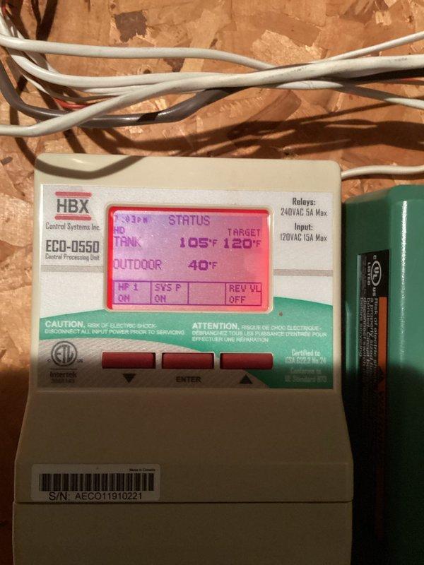 Responded to service call for geothermal unit with intermittent compressor operation and water leak. Diagnostic inspection revealed system shutting down after brief operation. Heat currently being provided by backup furnace. Inspected HBX ECO-0550 Control Processing Unit and internal electrical components, and noted need for temperature/pressure gauge replacement.
